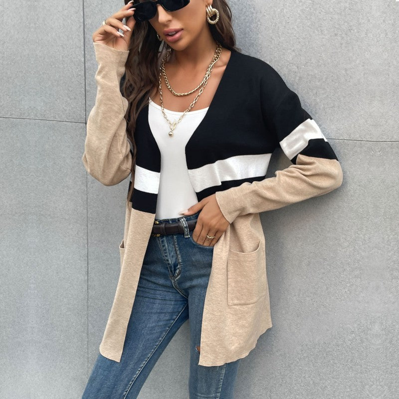 Women Knitted Sweater Autumn and Winter Leisure Contrast Color Long Sleeves Sweater Cardigan Coat