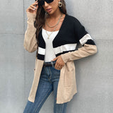 Women Knitted Sweater Autumn and Winter Leisure Contrast Color Long Sleeves Sweater Cardigan Coat