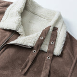 Unisex Winter Cotton Coat Suede Lapel Cotton-Padded Coat Vintage Pocket Decoration Warm-Keeping Cotton Clothing