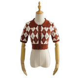 Women Sweater Knitwear Summer Vintage Polo Collar Slim Short-Sleeved Tops