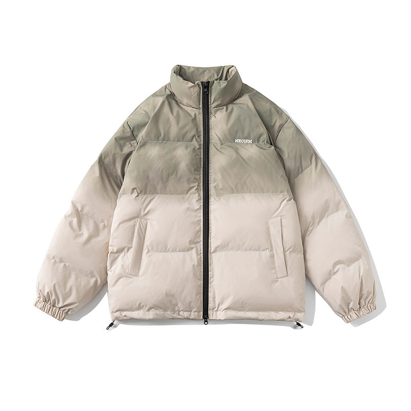 Unisex Winter Cotton Coat Gradient Color Embroidered Logo Stand-up Collar Cotton-Padded Clothes Vintage Loose Cotton Coat