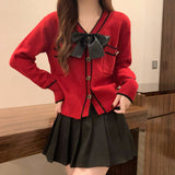 Women Knitwear Spring and Autumn Red V-neck Sweater Cardigan Knitted Cardigan