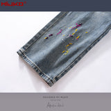 MIJKO Mens Vintage Pants Embroidery Embellished Slim-fitting Old Jeans