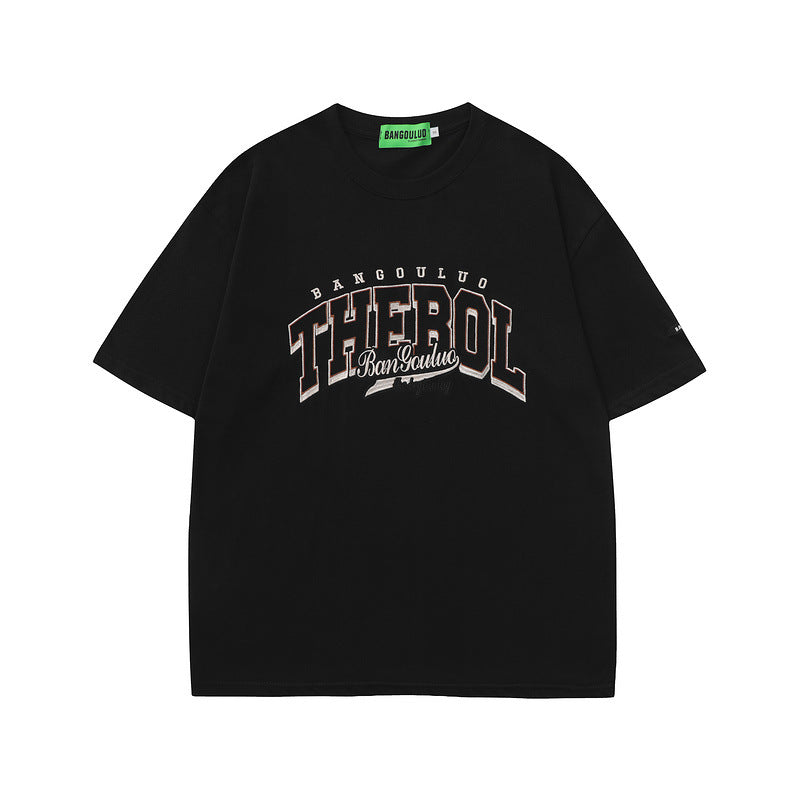 Men T Shirt Vintage Embroidered Letter Short Sleeve T-shirt