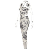 Women Dresses Summer Retro Style Slim-Fit Printed Skirt Two-Piece Suit (Bla0420)