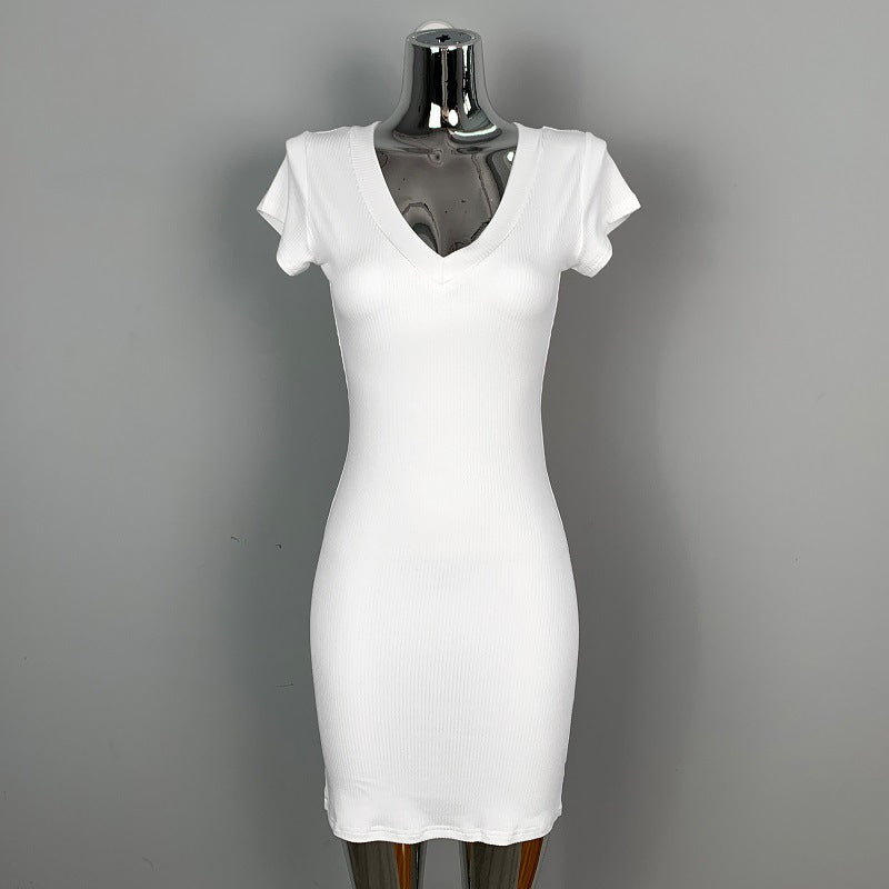 Women Dresses V-neck U-Neck Short Sleeve Dress Hip Skirt Short Skirt