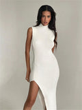 Ladies Leisure Knitwear Turtleneck Sleeveless Knitted Midi Dress Sheath Split Sexy Dress