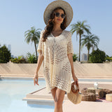 Women Knit Beach Cover Knitted Hollow out Sun Protection Shirt Beach Sun Protection Clothing