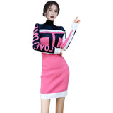 Women Maxi Dress Autumn and Winter Long Sleeve Turtleneck Knitting Dress Hip Skirt