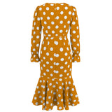 Women Date Dress Autumn and Winter Dress Sexy V-neck Polka Dot Printing Long-Sleeved Fishtail Dress