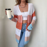 Women Knitted Sweater Autumn Clothes Casual Long Sleeve Colorblock Sweater Coat