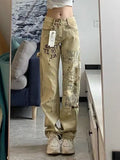 Men Jeans Khaki Splash-Ink Embroidered Jeans Straight-Leg Pants