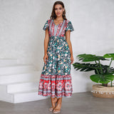 Women Date Dress Summer V-neck Ruffle Vintage Floral Beach Dress