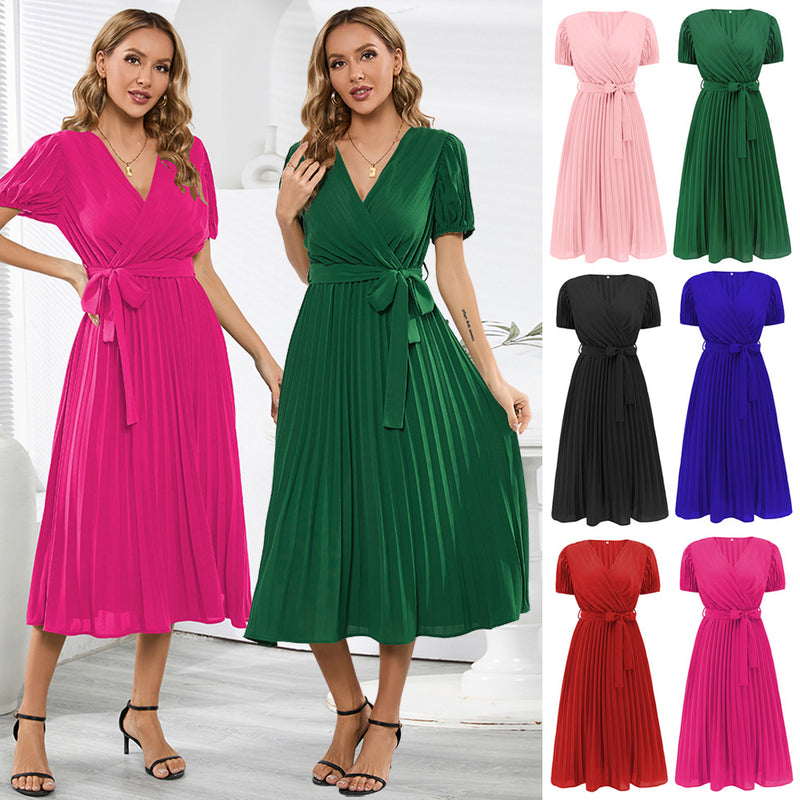 Women Date Dress Summer Puff Sleeve Dress V-neck Dress