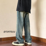 Men Jeans Vintage Jeans Autumn Distressed Washable Pants Loose Straight Wide Leg Pants