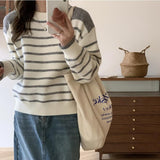 Women Knitted Pullover Autumn and Winter Loose Casual Striped Button Sweater Sweater