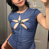 Women Tops Casual Star Hollow Denim Tops Summer T-shirt