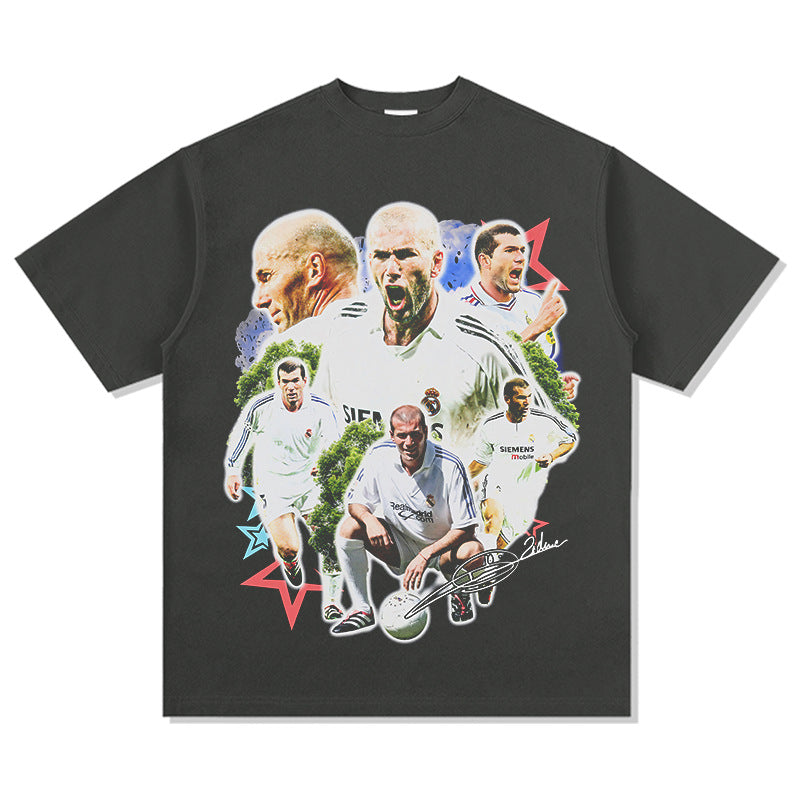 Mens Vintage Football T-Shirt Vintage Zidane Printed Short Sleeve T-Shirt Washed Crew Neck