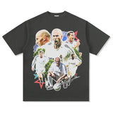 Mens Vintage Football T-Shirt Vintage Zidane Printed Short Sleeve T-Shirt Washed Crew Neck