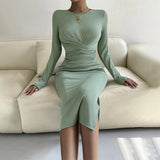 Women Dress round Neck Slim Fit Hip-Wrapped Mid-Length Dress Long Sleeve Dress