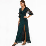 Women Evening Gown Sexy Retro Green Sequins Dress Long Dress