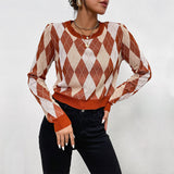 Women Knitted Sweater Autumn and Winter Long Sleeve Short Rhombus Sweater