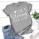 She Is Strong Letter Print T Shirt Women Short Sleeve Tshirt