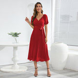 Women Date Dress Summer V-neck Puff Sleeve Lace-up Pleated Dress