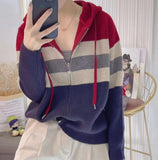 Women Knitwear Spring and Autumn Zipper Hooded Sweater Loose Knitted Cardigan