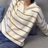 Women Knitwear Autumn and Winter Striped Lapel Zipper Sweater Sweater