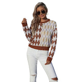 Women Knitted Sweater Autumn Leisure Long Sleeve Rhombus Sweater Loose round Neck