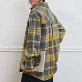 Women Trench Coat Winter Plaid Long Sleeve Shirt Loose Casual