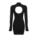 Women's Evening Dress Black Long Sleeve Bowknot Hollow-out Midriff Mini Skirt Sheath Bandage One-Piece Dress