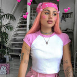 Women T-shirt Vintage Thread Raglan Sleeve T-shirt Short Top Short Sleeve Casual