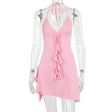 Women Dresses Summer Slim Fit Backless Short Skirt Lace V-neck Dress