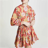 Women Dresses Casual Color Printed round Neck Loose Lantern Sleeve Short Dress (Qymy0409)