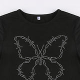 Women T-shirt Vintage Butterfly Rhinestone Knitted Slim round Neck T-shirt