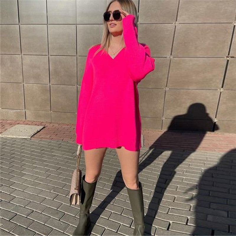 Ladies Leisure Knitwear Autumn and Winter V-neck Casual Loose Knitted Pullover Long Sweater Dress Knitwear