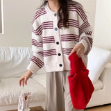 Women Knitwear Autumn and Winter Striped round Neck Sweater Loose Knitted Cardigan