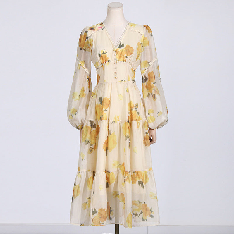Women Dresses Spring V-neck Lantern Sleeve Printed Slim Fit Dress (Qymy0409)
