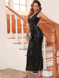 Women Evening Gown Sexy V-neck Vintage Party Sequins Dress