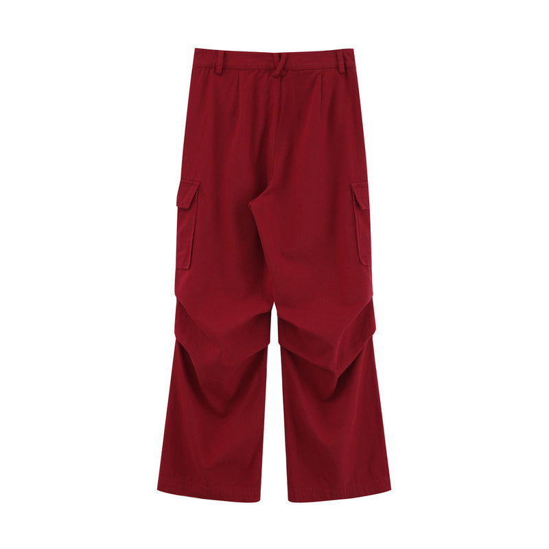 Men Sweatpants Pleated Wide Leg Straight Casual Trousers Multi-Pocket Pants
