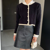 Women Cardigan Sweater Autumn Sweater round Neck Short Button Black and White Cardigan X3005