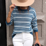 Women Knitted Sweater Amazon Independent Station Foreign Trade Wholesale 2023 Autumn New Cross-Border Fashion Women's Wear Long Sleeve Striped European and American Sweater