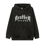 Men Hoodie Vintage Distressed Letters Printed Thickening Velvet Padded Hooded Sweatshirt