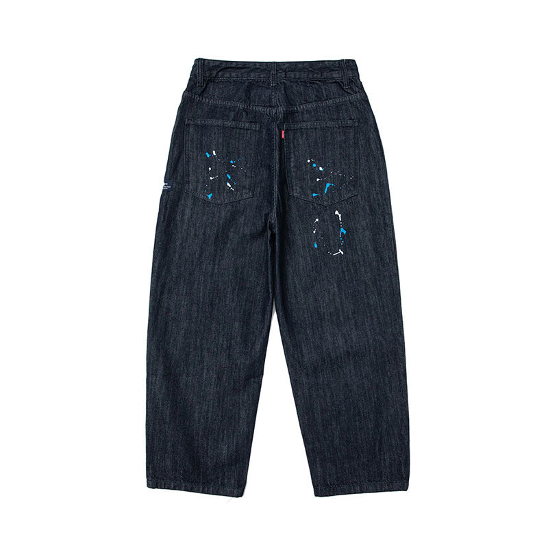 Men Jeans Vintage Primary Color Splash-Ink Wide-Leg Workwear Jeans