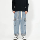 Men Jeans Retro Worn Jeans Multi-Pocket Work Pants Cropped Pants