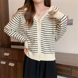 Women Knitwear Autumn and Winter Striped Hooded Sweater Loose Casual Knitted Cardigan