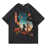 Washed retro T-shirt street print cotton short sleeves