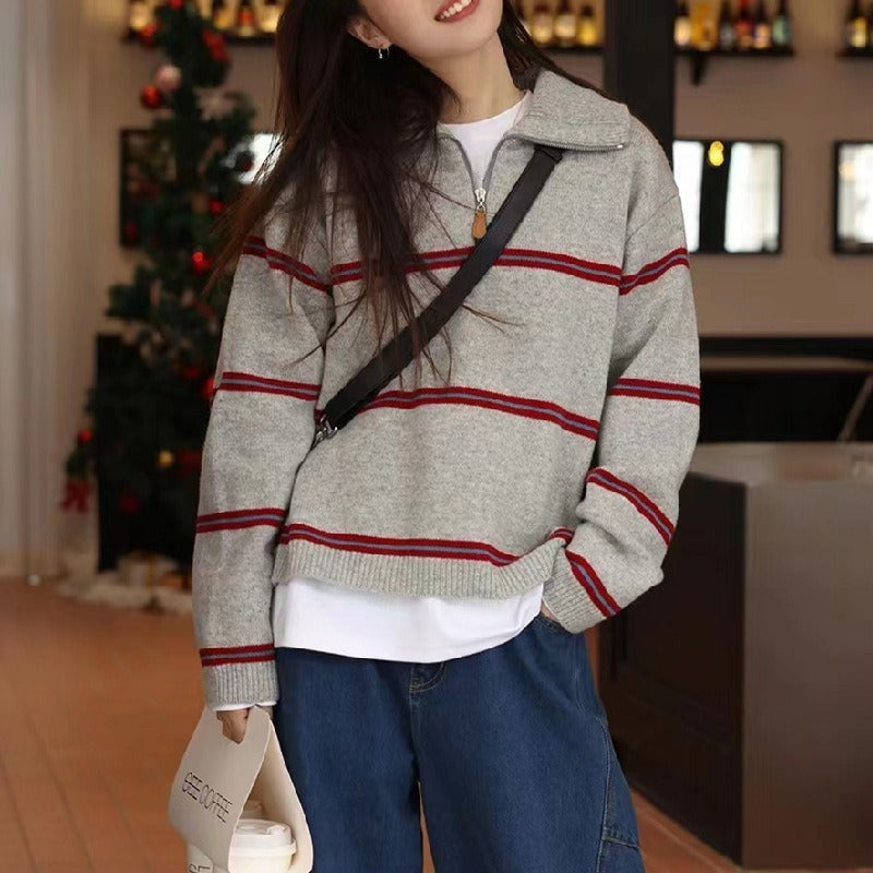 Women Knitted Pullover Vintage Stripe Lapel Pullover Autumn and Winter Loose Top